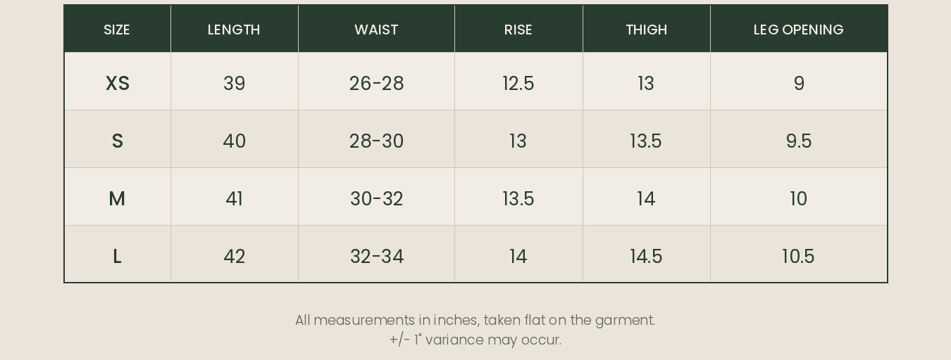 sweatpants size chart